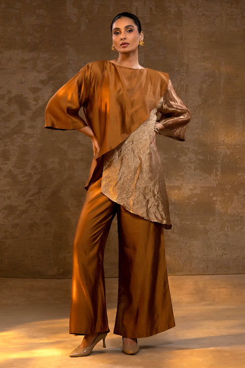 Agneya Dark Amber Tissue and Silk Layered Co-ord Set