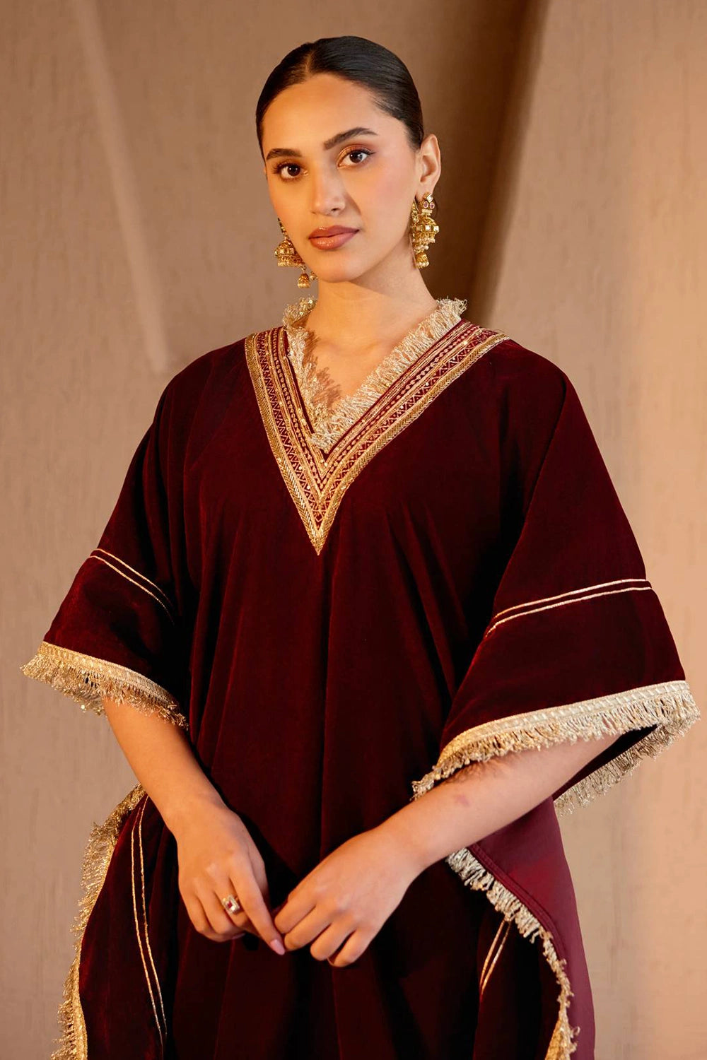 Maroon Velvet Kaftan With Pants