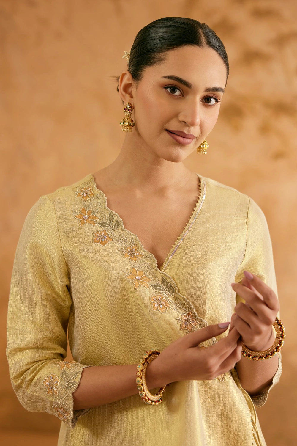 Gold Zari Tissue Angrakha With Pants