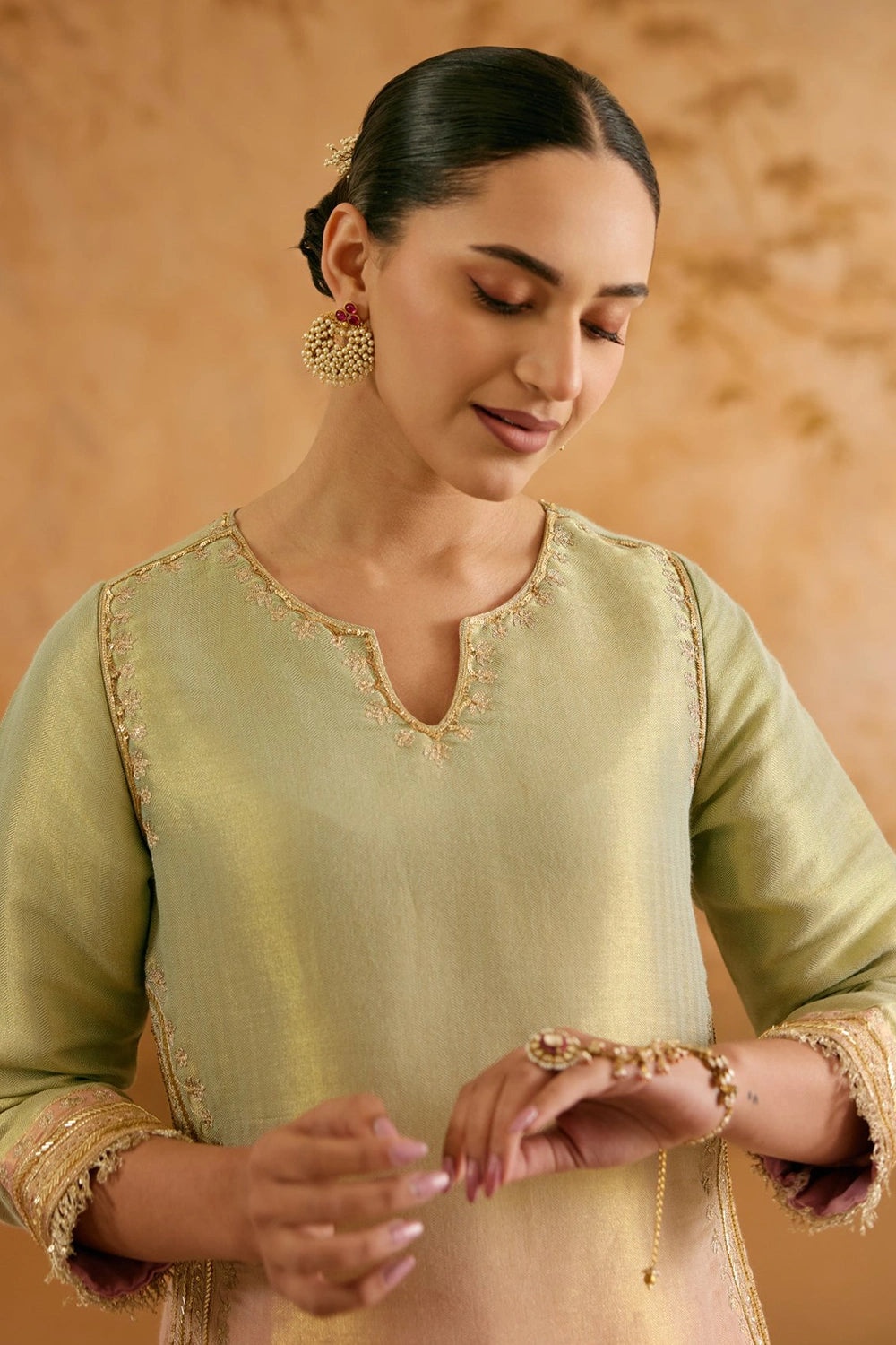 Mint Zari Tissue Kurta With Sharara