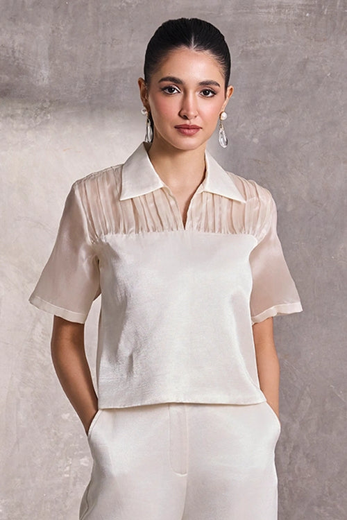 Ivory Fabric Block Collared Top