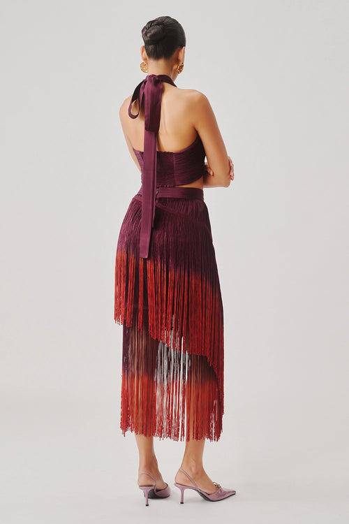 Hope Halter Neck Top In Burgundy With Burnt Wine Fringe Skirt