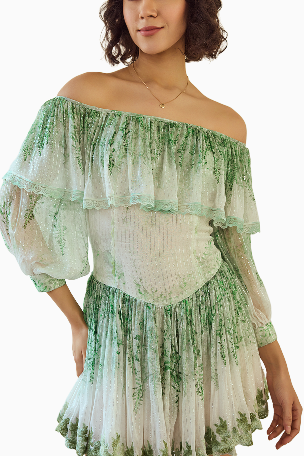 Green White Off-Shoulder Printed Short Dress