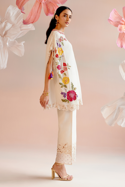 Ivory Floral Embroidred Kaftan with Organza Detail Pant