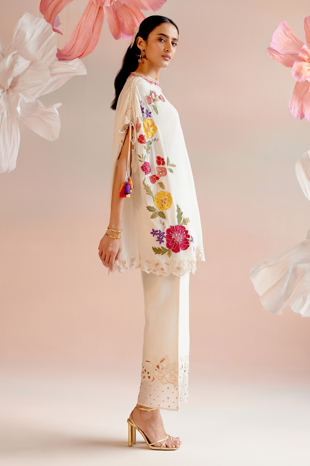 Ivory Floral Embroidred Kaftan with Organza Detail Pant