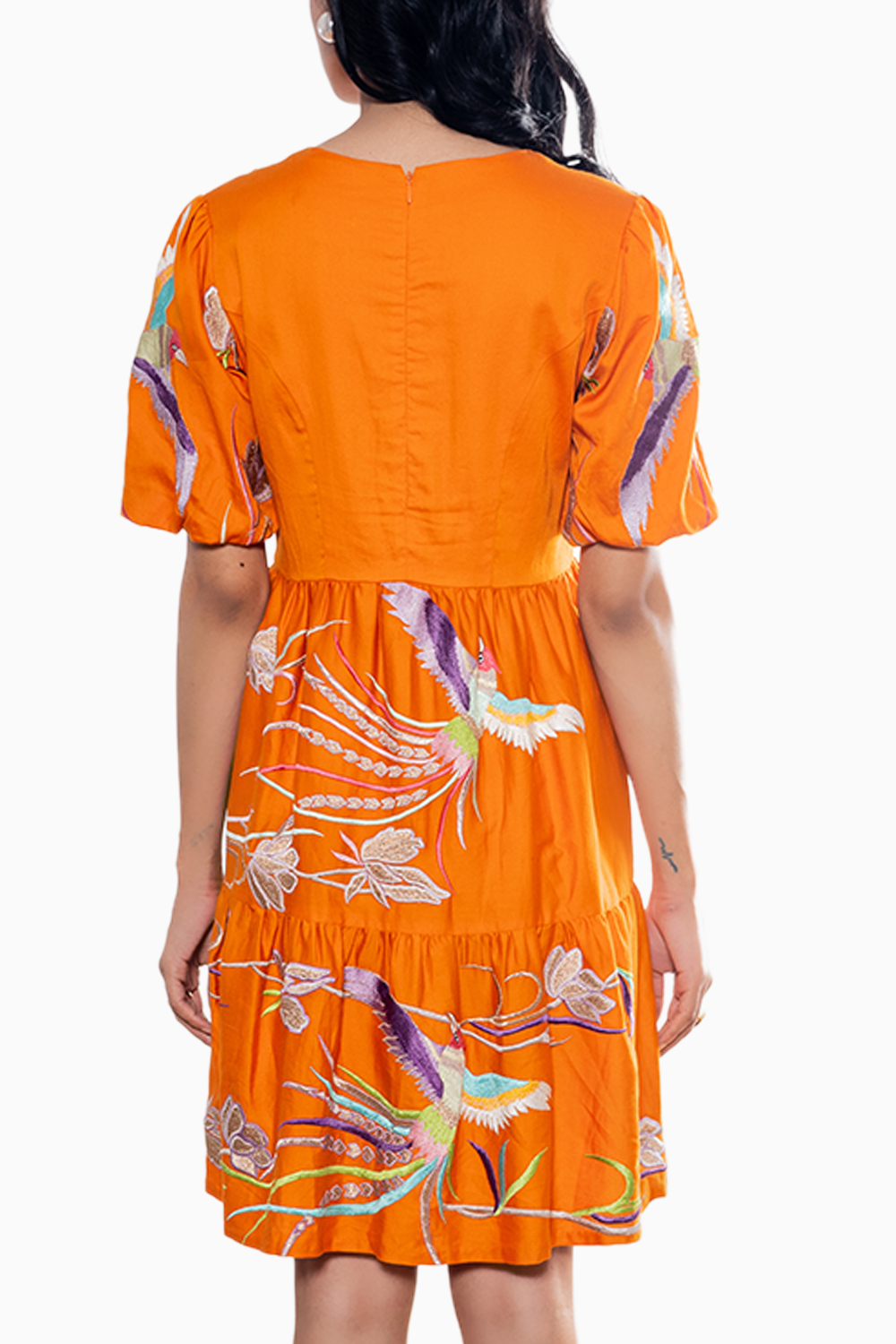 Orange Birds Embroidered Dress