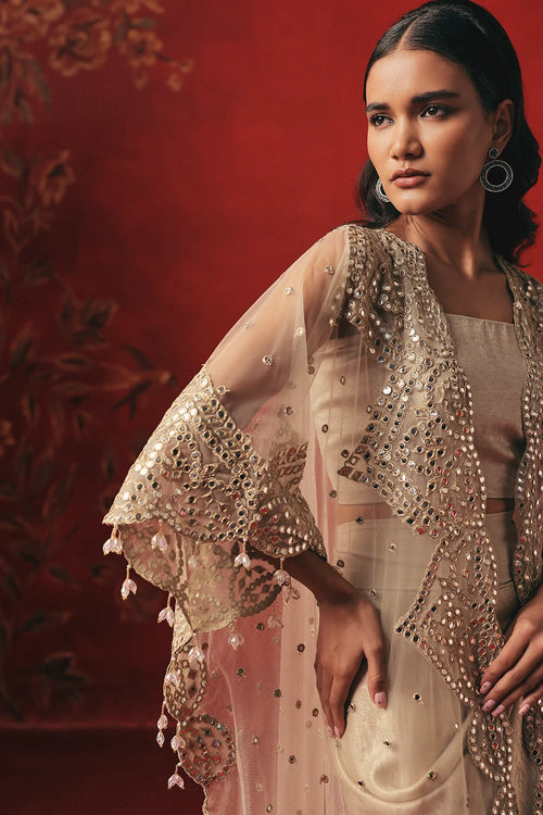 Pearl Silver Mirrorwork Cape Set
