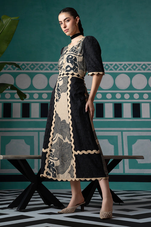 Black Print and Eyelet Lace Dress