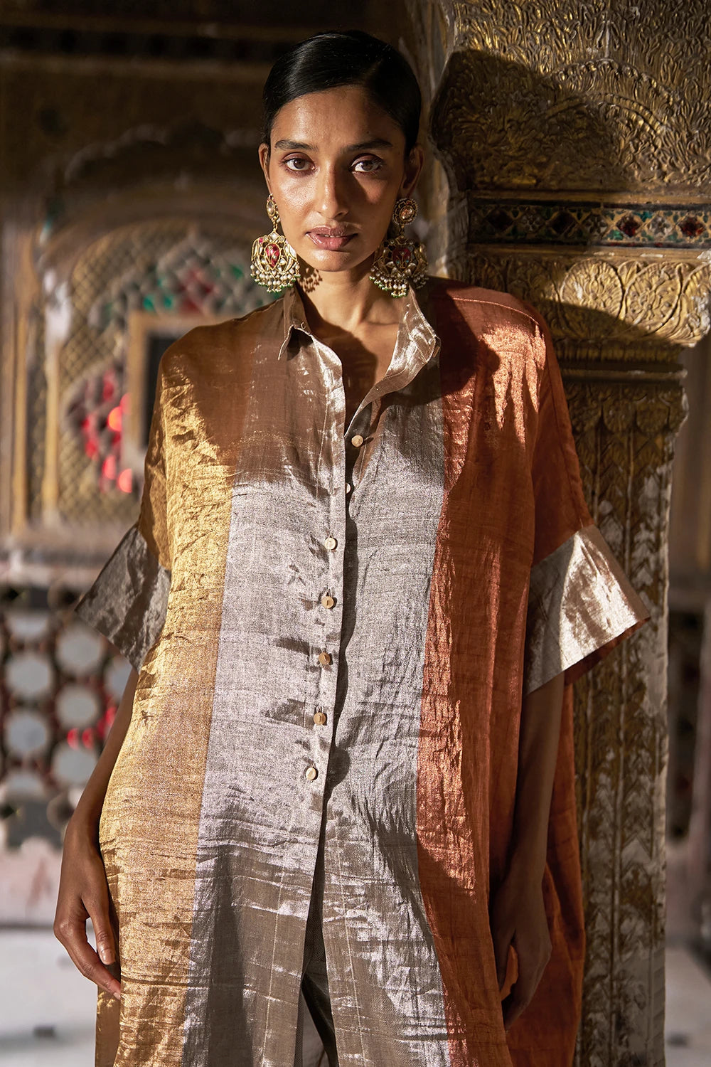 Benares Tissue Striped Longline Top