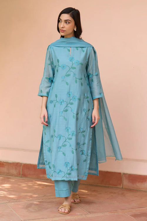 Powder Blue Embroidered Cotton Kurta Set