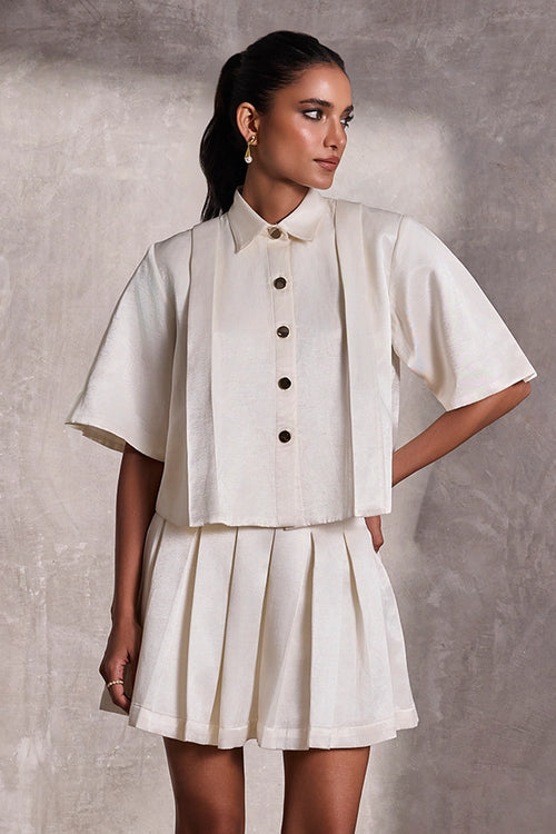 Ivory Gajji Silk Boxy Top With Ivory Ghaji Silk Box Pleat Short Skirt