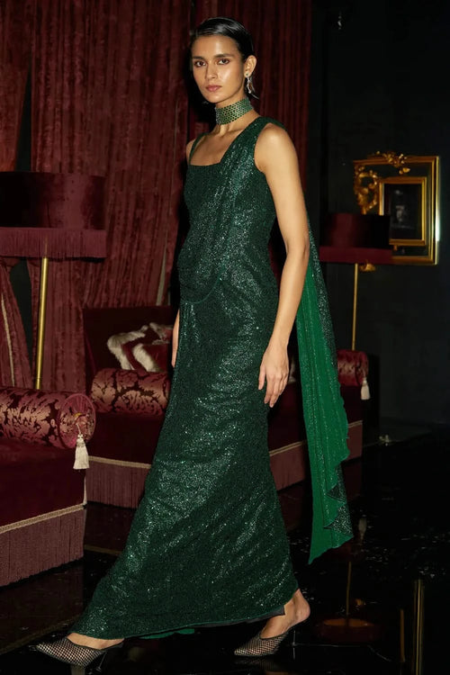 Emerald Sequin Sari Drape Gown