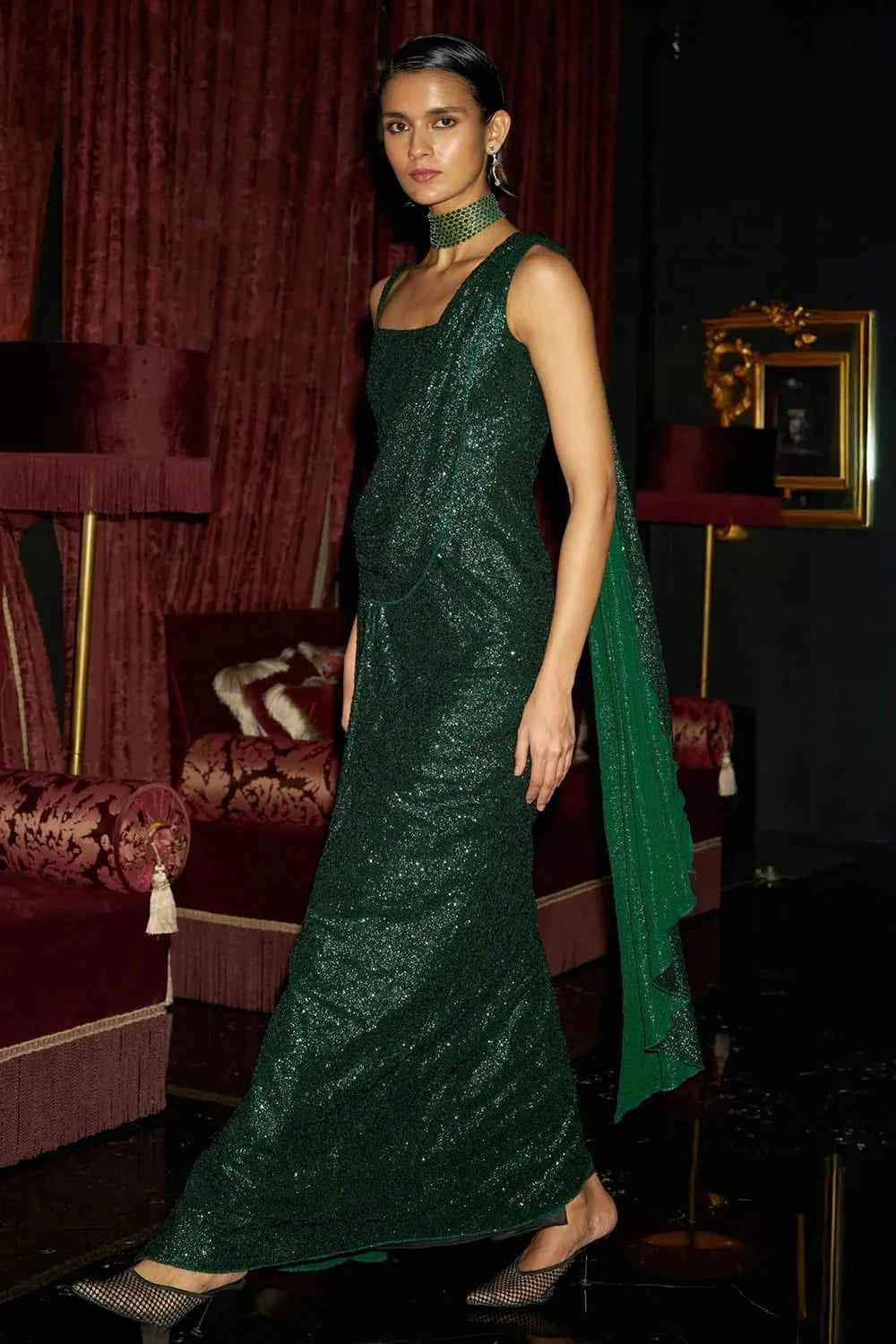 Emerald Sequin Sari Drape Gown