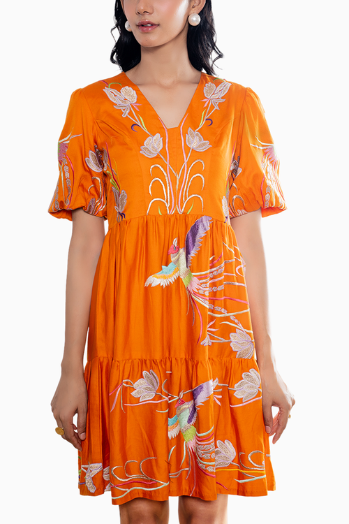 Orange Birds Embroidered Dress