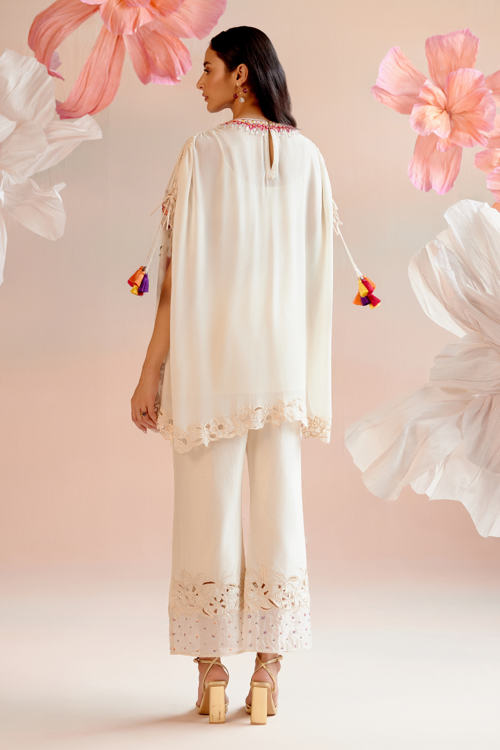 Ivory Floral Embroidred Kaftan with Organza Detail Pant