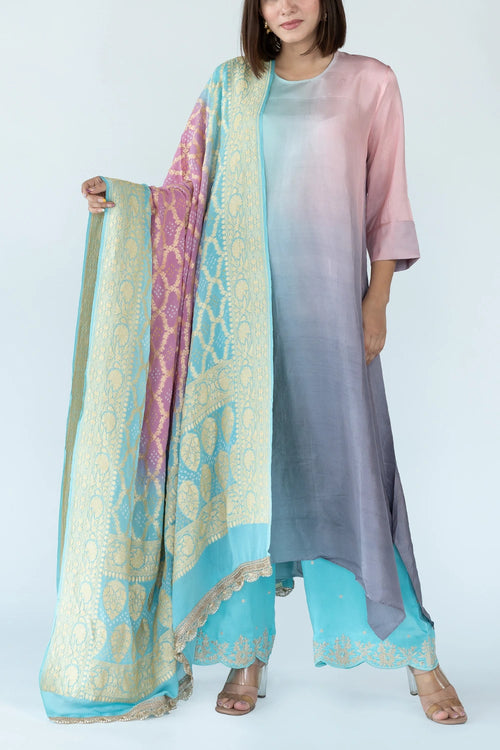 Blue Grey Ombre Kurta With Dupatta