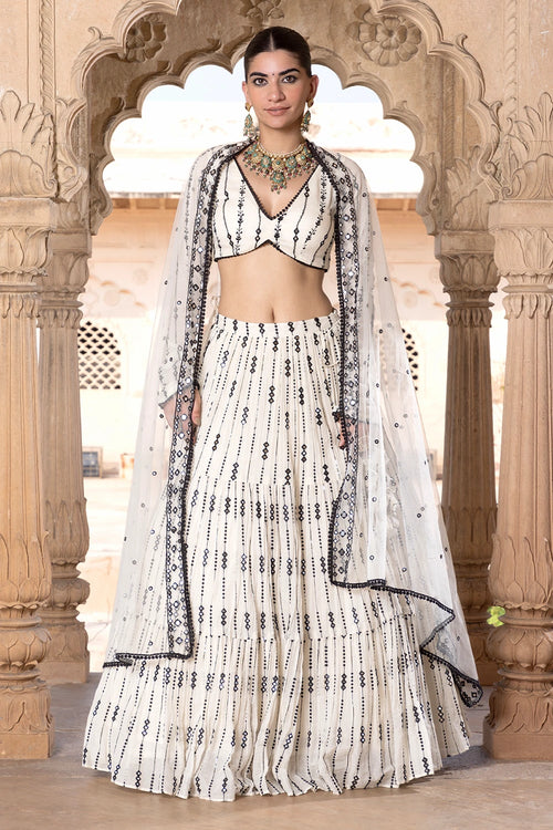 Black and White 2D-3D Lehenga with Embroidered Dupatta