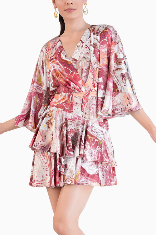 Red Bright Printed Tiered Short Dress