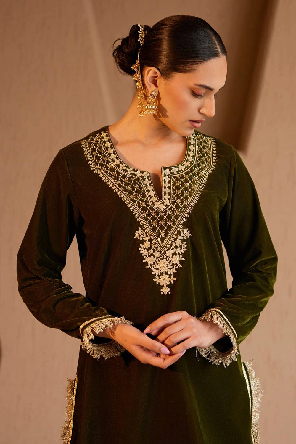 Olive Velvet Kurta With Pants