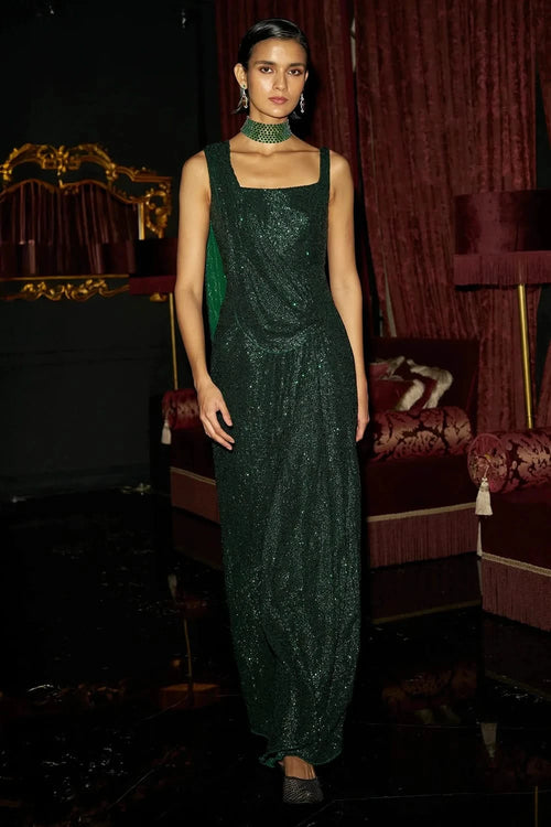 Emerald Sequin Sari Drape Gown