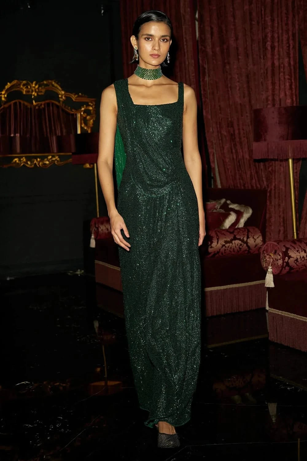 Emerald Sequin Sari Drape Gown