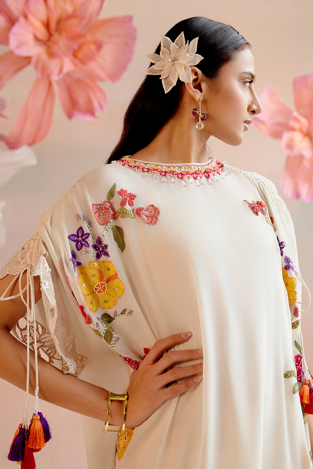 Ivory Floral Embroidred Kaftan with Organza Detail Pant