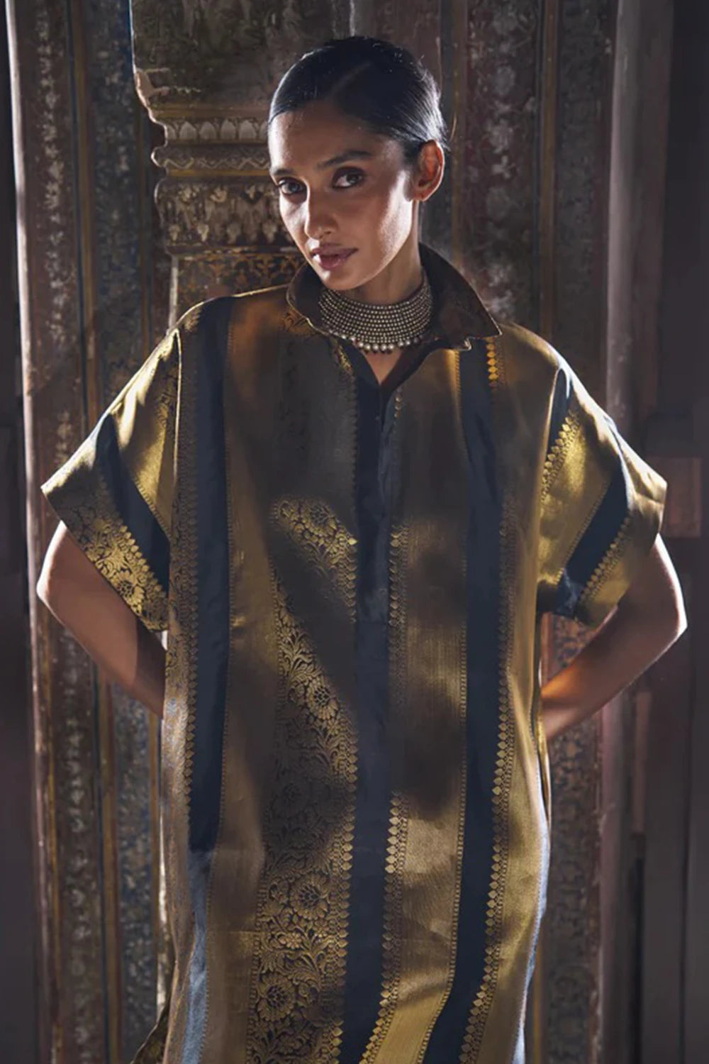 Benares Brocade Striped Longline Shirt