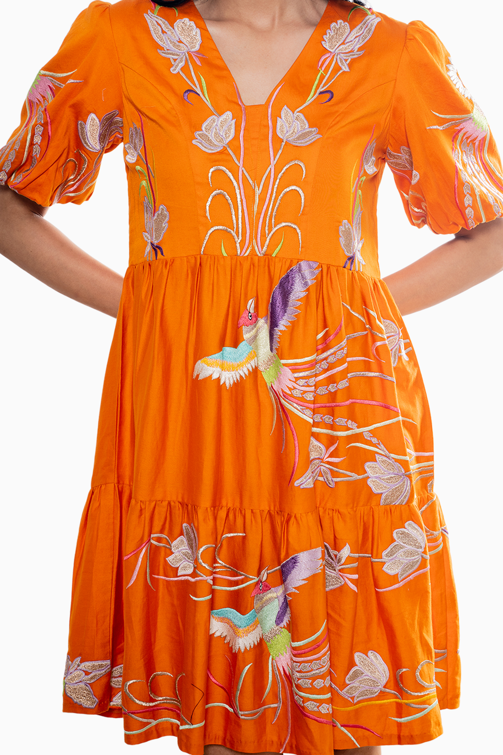 Orange Birds Embroidered Dress