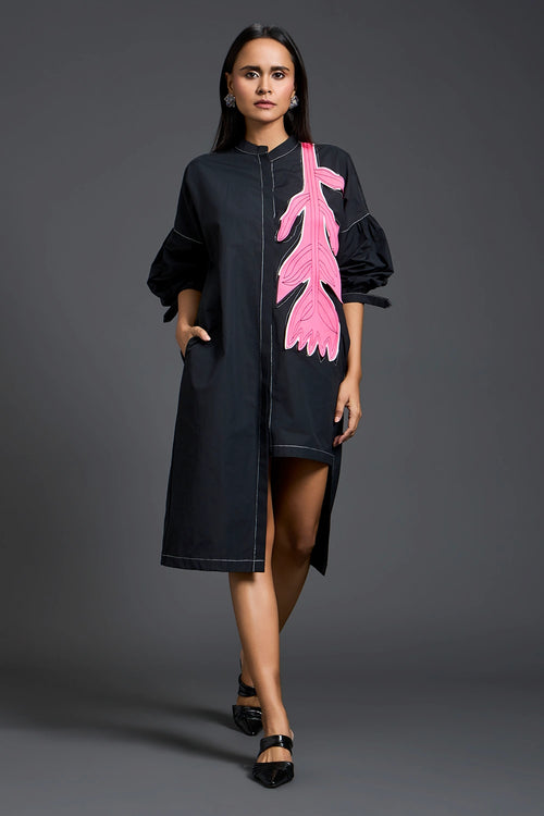 Black Oversized Floral Patch Shirt Dress