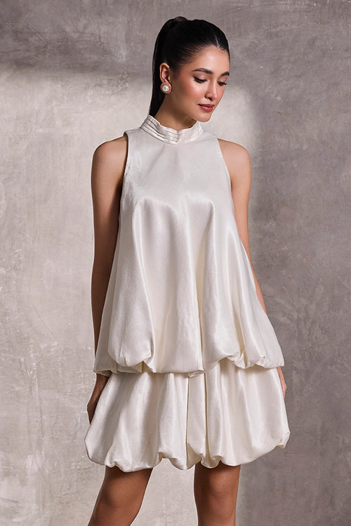 Ivory Gajji Silk Bubble Hem Halter Top With Ivory Gajji Silk Mini Bubble Skirt