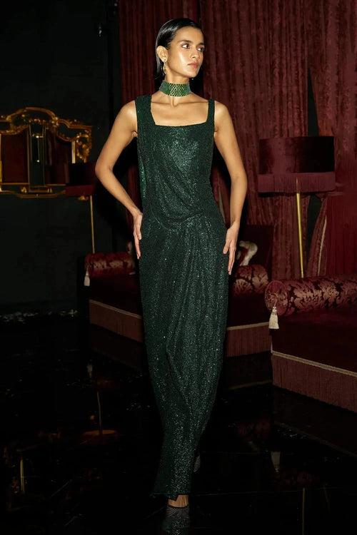 Emerald Sequin Sari Drape Gown