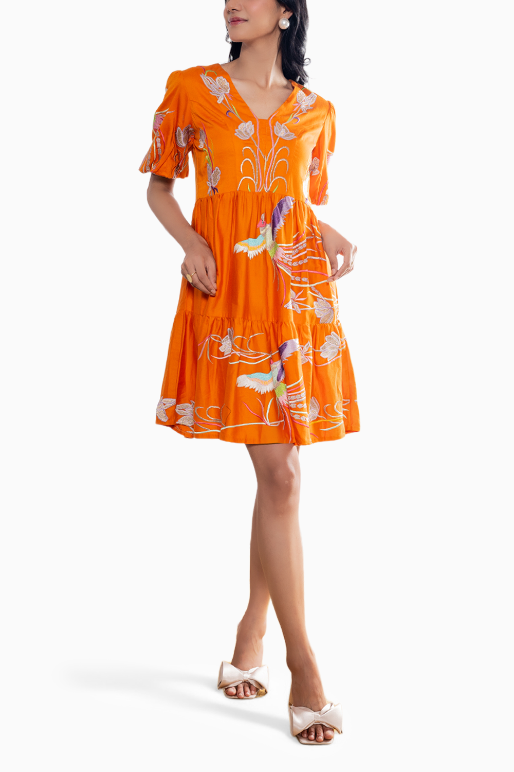 Orange Birds Embroidered Dress