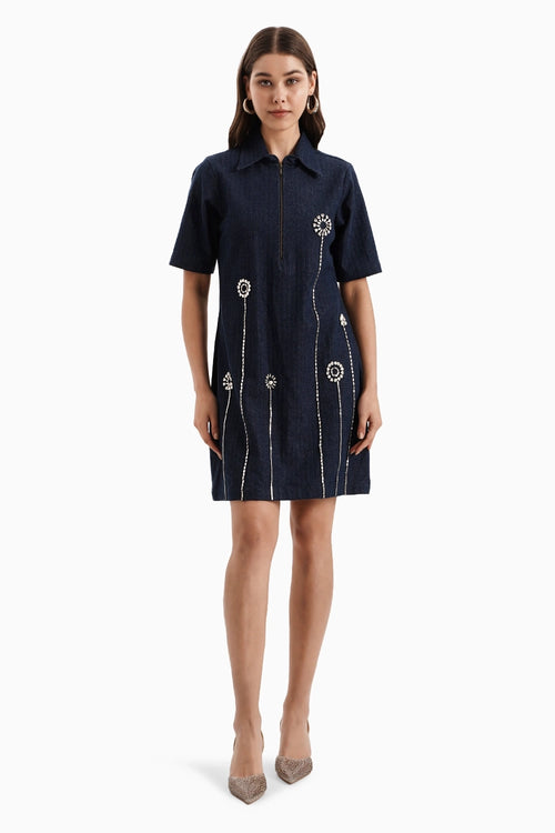 Dark Herringbone Flower Embellished Dress