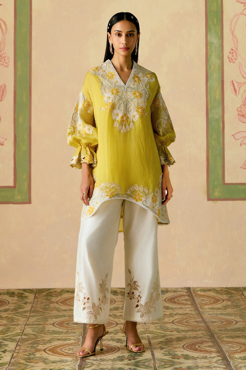 Yellow and Ivory Tunic with Sheer Applique Pants