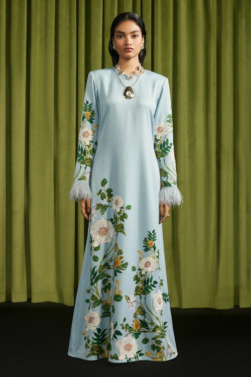 Blue Moti And Beads with Feathers Work Dress