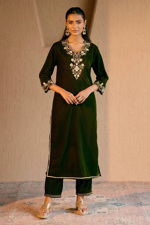 Olive Embroidered Kurta With Pants
