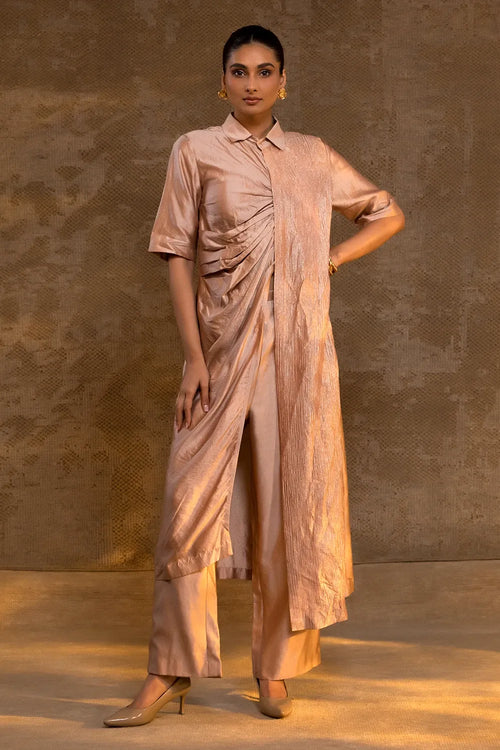 Agneya Blush Silk Drape Shirt Set