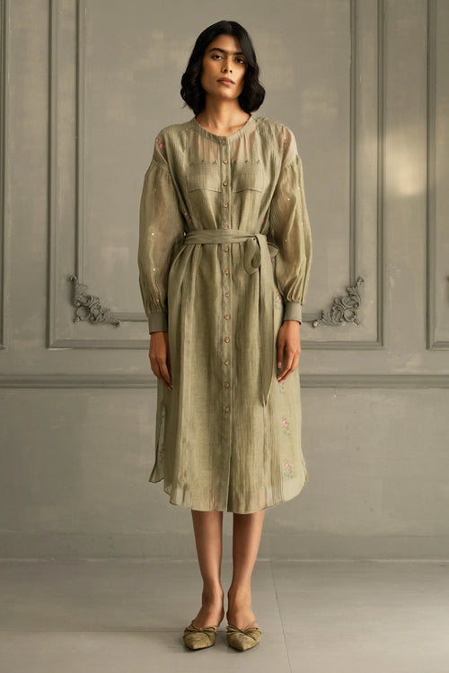 Sage Green Mul Chanderi Embroidered Belted Dress