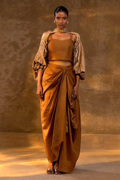 Agneya Dark Amber Silk Draped Skirt with Cape
