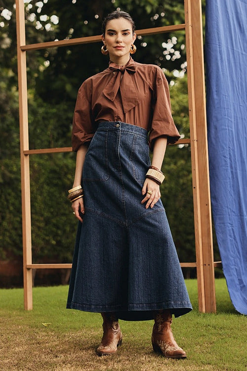 Greta Necktie Shirt with Denim Skirt