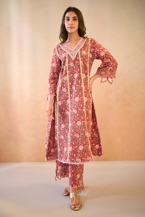 Rosy Chintz Cutwork Cotton Kurta Set