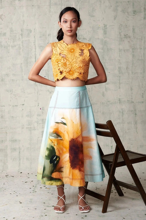 Sunflower Embroidered Top With Printed Skirt