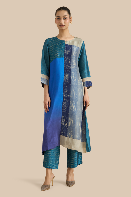 Firozi Grey Color Block Kurta Set