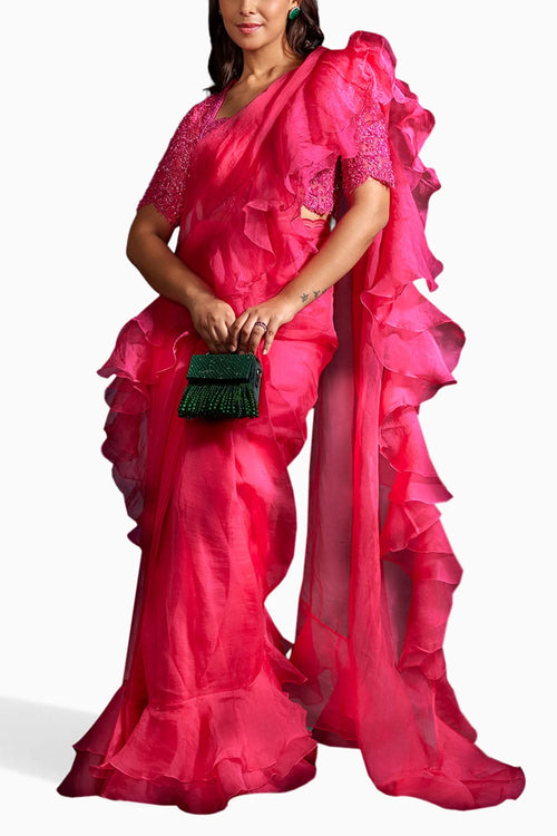 Fuchsia Pink Bobby Embellished Saree