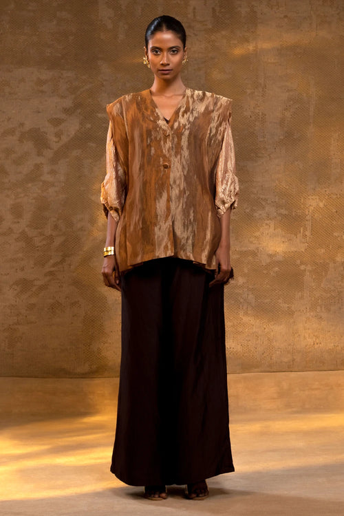 Agneya Dark Amber Layered Silk and Tissue Jacket Set