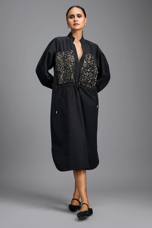 Black Metallic Panel Midi Dress