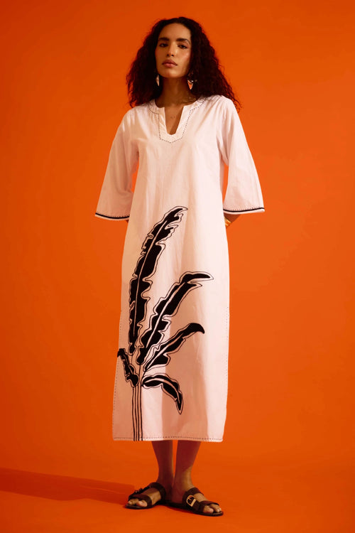 Ivory Leaf Motif Embroidered Dress