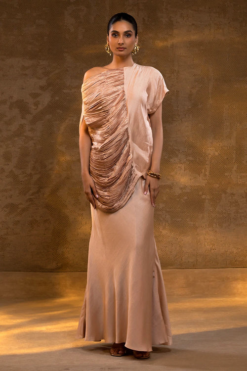 Agneya Blush Silk One Shoulder Draped Skirt Set