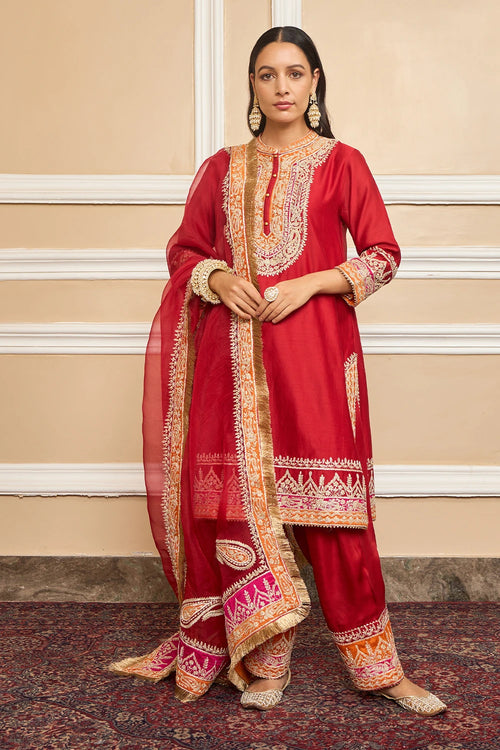 Afsaana Deep Red Straight Kurta with Salwar and Dupatta
