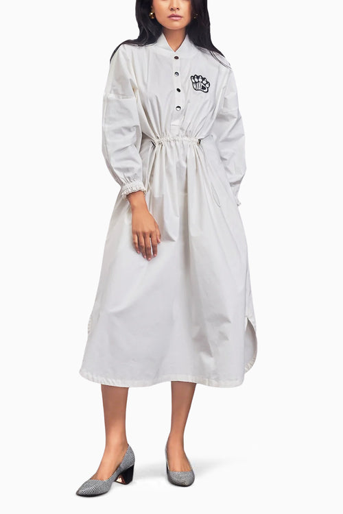 White Oversized Dress With Ruched Detailing On The Waist